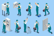 Isometric Electricity Works Set. Professional Worker In The Uniform Repair Electrical Elements. Electric Switchboards, Transformers, Distribution Boards.