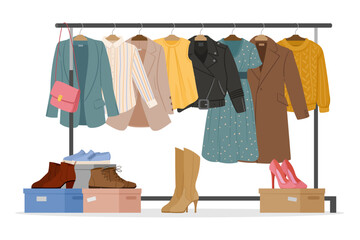 clothes hanger rail. cartoon casual garments and accessories, fashionable wardrobe clothing flat vec