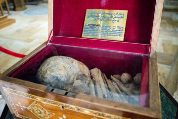 Human skeleton remains on display in a church at the baptism site of Jesus Christ in Jordan