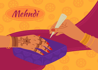 Wall Mural - Mehndi ceremony. Floral ornaments henna tattoo design, female hand with traditional patterns vector Illustration