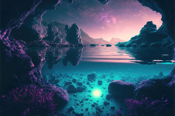 colorful futuristic view of the alien lake, generative ai