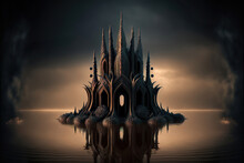 Sunset Over The Haunted Dark Gothic Castle, Abstract Landscape Background, Generative Ai
