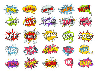 Wall Mural - Comic book bubbles. Cartoon speech balloons with boom bang explosion, splash and poof, rumble and wham effects. Funny text vector set