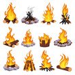 © WinWin - Cartoon campfire. Wood bonfire, burning log and fieldstone fire pit. Stacking firewood types and extinguished fire vector illustration set