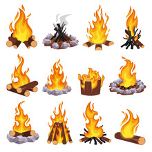 Cartoon Campfire. Wood Bonfire, Burning Log And Fieldstone Fire Pit. Stacking Firewood Types And Extinguished Fire Vector Illustration Set