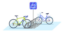 Bicycle Parking Area. Public Bike Rack With Parking Sign And Parked Bicycles. Ecologic City Transport Vector Illustration
