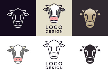 Stylized geometric cow head illustration. Vector icon tribal design in 6 different styles