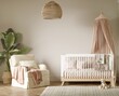© Michael - 3d render grey nursery interior with a white cradle, lots of toys and a lounge armchair.
