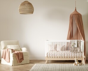 Wall Mural - 3d render -  nursery interior with a white cradle, lots of toys and a lounge armchair.