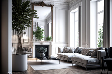 early morning in a luxury, light filled hotel. A luxurious living room with parquet wood flooring, a fireplace, a sofa, and a houseplant has a bright and contemporary interior design. plastered walls