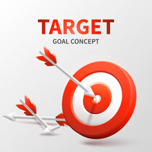 Marketing Success Concept. Targeting The Business. Realistic 3d Design Red Target And Arrow In Center. Game Of Darts. Vector Banner Design. Business Finance, Goal Of Success, Target Achievement.