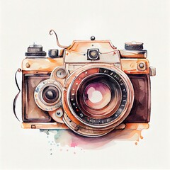 Vintage retro watercolor camera. Perfect for photography logo. Generative AI