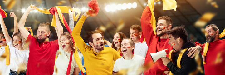 Wall Mural - Group of emotive, expressive young people, football, soccer fans cheering Spanish team at the stadium. Concept of sport, competition, emotions, hobby