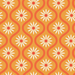 Wall Mural - Retro white flower on orange mid century oval ogee seamless pattern. For home décor, textile and fabric 