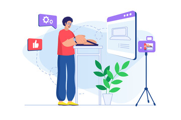 Poster - Video blogging concept with people scene. Man blogger is recording laptop review or giving tech tutorial for subscribers using camera. Illustration with character in flat design for web banner