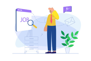 Poster - Job search concept with people scene. Man looking open vacancies online, selection best offers and sending his resume to companies. Illustration with character in flat design for web banner