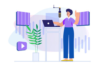 Poster - Podcast streaming concept with people scene. Woman host makes live broadcast, speaks into microphone and records podcast in studio. Illustration with character in flat design for web banner
