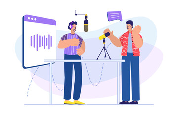 Poster - Podcast streaming concept with people scene. Host and guest of show speak into microphones, record interviews during live broadcast. Illustration with character in flat design for web banner