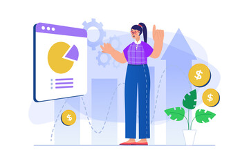 Poster - Sales performance concept with people scene. Woman analyzes data on diagram, makes financial audit and fixes growth of sales profit. Illustration with character in flat design for web banner
