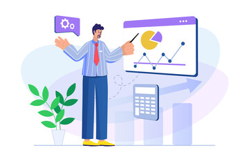 Aufkleber - Sales performance concept with people scene. Man analyzes data on diagram and chart, makes financial research and growth of profit. Illustration with character in flat design for web banner