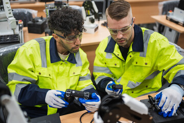 Two caucasian engineer man learning control and repair arm robot in class 