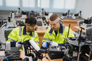 Two caucasian engineer man learning control and repair arm robot in class 