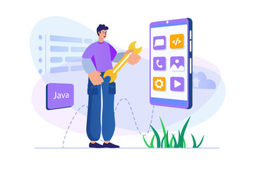 Aufkleber - app development concept with people scene. man creates graphic content, settings and places buttons 