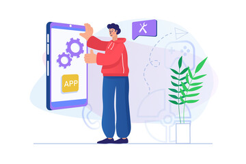 Aufkleber - App development concept with people scene. Man designer settings and optimizes of mobile application ui layout, engineering and coding. Illustration with character in flat design for web banner
