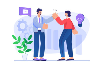 Wall Mural - Teamwork concept with people scene. Man and woman success cooperate in working on project, partnership communication, idea generation. Illustration with character in flat design for web banner