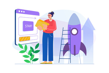 Wall Mural - Business startup concept with people scene. Businesswoman launches new project, management, ambition, vision and entrepreneurship. Illustration with character in flat design for web banner