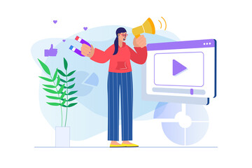 Aufkleber - Video marketing concept with people scene. Woman attracts new audience and customers using and sharing promo video content on blog. Illustration with character in flat design for web banner