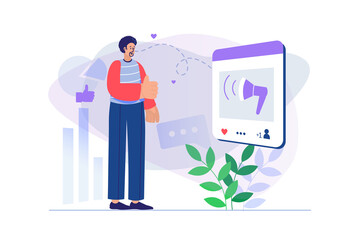 Aufkleber - Social media marketing concept with people scene. Man uses social networks and sees advertising content in news feed and subscribes. Illustration with character in flat design for web banner