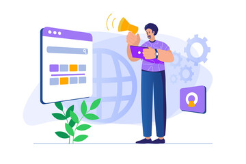 Aufkleber - Digital marketing concept with people scene. Man makes promo campaign in social networks, promotes business online, analyzes data. Illustration with character in flat design for web banner