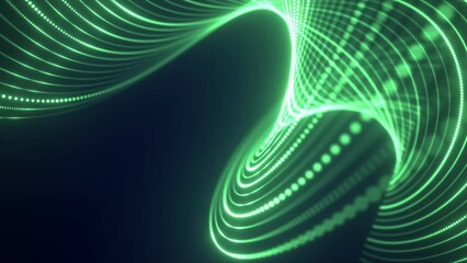 Aufkleber - Abstract green waves from lines and dots particles of glowing swirling futuristic hi-tech with blur effect on dark background. Abstract background. Video in high quality 4k, motion design