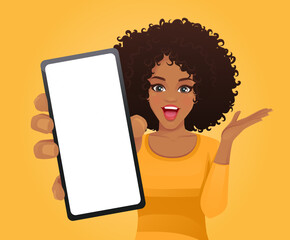 Surprised beautiful African American woman showing blank phone screen vector illustration 