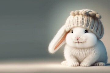 Wall Mural - A white fluffy rabbit with long ears in a hat.  Generative AI, generative artificial intelligence