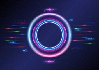 Fototapete - Hi-tech background light circles and tech circles multicolored glowing lines with a bright element having an empty space in the center of the circle on a blue gradient background