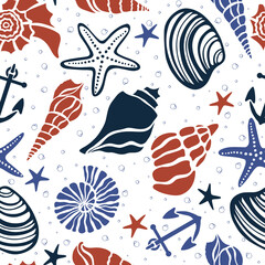 Wall Mural - Marine shells, anchor and starfish underwater life hand drawn vector seamless pattern background