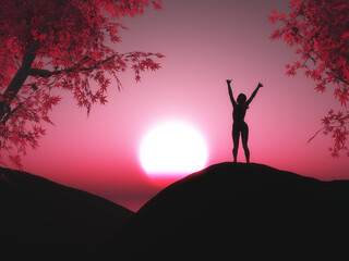 Wall Mural - 3d landscape with female with arms raised against a sunset sky