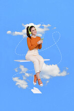 Collage Photo Of Young Pretty Girl Sitting Platform Abstract Imagination Heaven Clouds Listen Bluetooth Earphones Isolated On Painted Background
