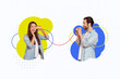 © deagreez - Creative collage image of two cheerful excited people talk listen wire cup connection isolated on drawing background