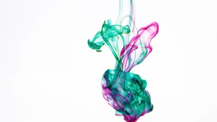 Poster - Hypnotic Liquid Ink. Slow-Motion Green and Purple Mixing in Water with White Background.