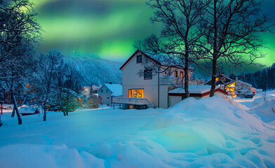 Wall Mural - green northern lights over rural county house of northern norway