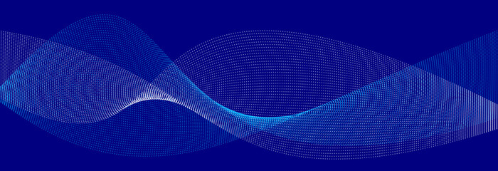 Wall Mural - Blue dots in motion dark vector abstract background, particles array wavy flow, curve lines of points in movement, technology and science illustration.
