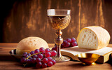 Fototapeta  - Holy communion on wooden table on church.Taking holy Communion.Cup of glass with red wine, bread.The Feast of Corpus Christi Concept. Generative AI.