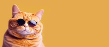 Portrait Of A Funny Ginger Cat Wearing Sunglasses Isolated On Yellow Background, Banner Copyspace. Illustration, Generative AI