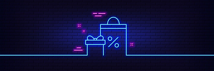 Poster - neon light glow effect. gift box with shopping bag line icon. present or sale sign. birthday shoppin