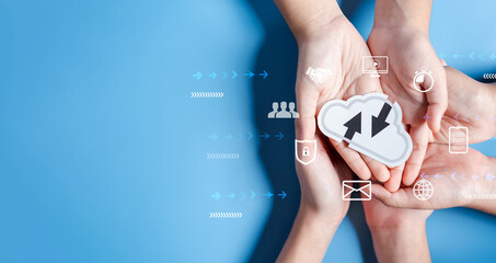 Poster - Cloud computing diagram digital technology, business people on Cloud system. Data storage. Networking and internet service. online data management system, information system for business.