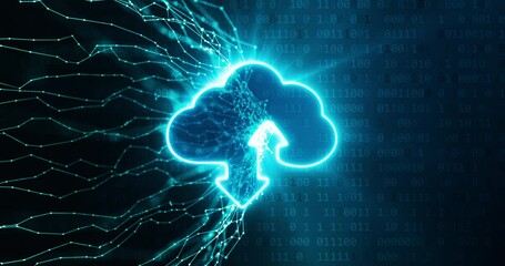 Neural connections of data entering the cloud computing and binary coding in the background. Artificial intelligence concept.