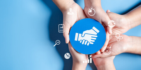 Aufkleber - Business hands holding handshake icon, creative and set up business objective target goal, marketing solution, target for business investment.